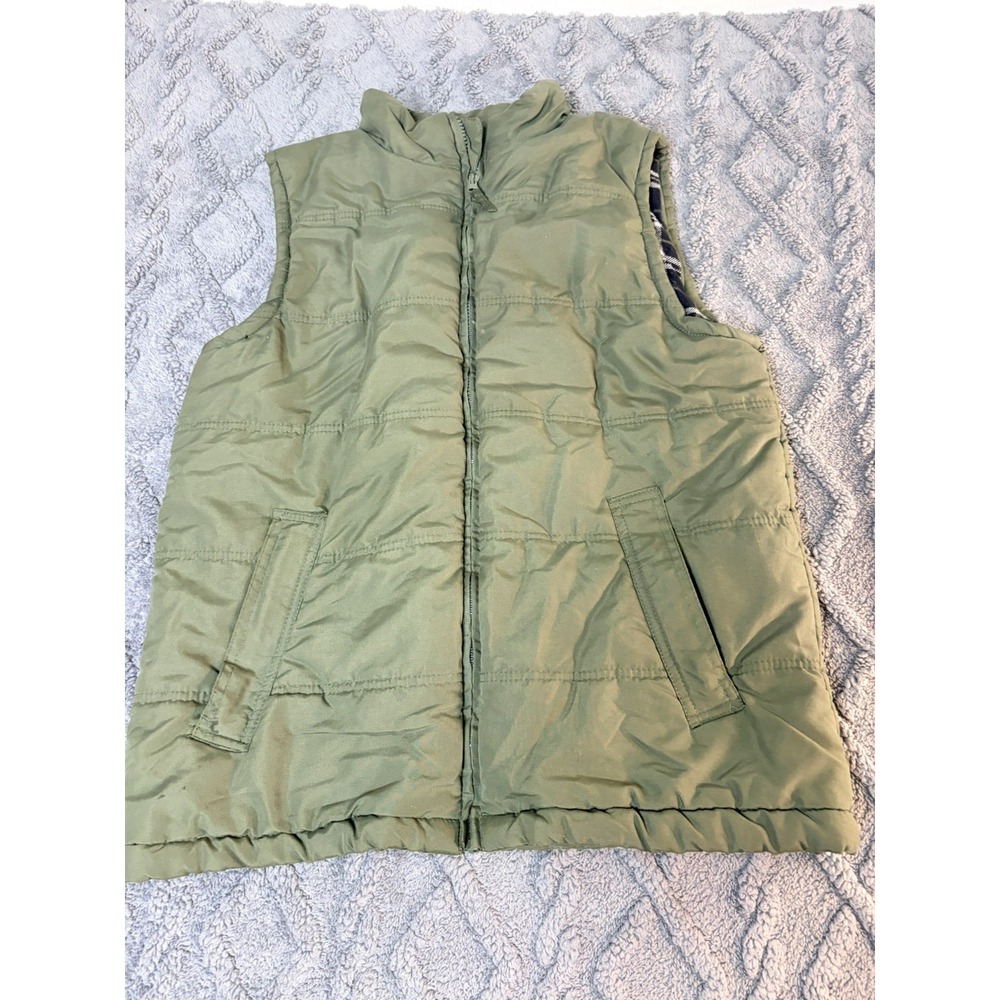 Weather Wear Men's Medium Olive Green Puffer Vest Plaid Lined Full Zip Outdoor